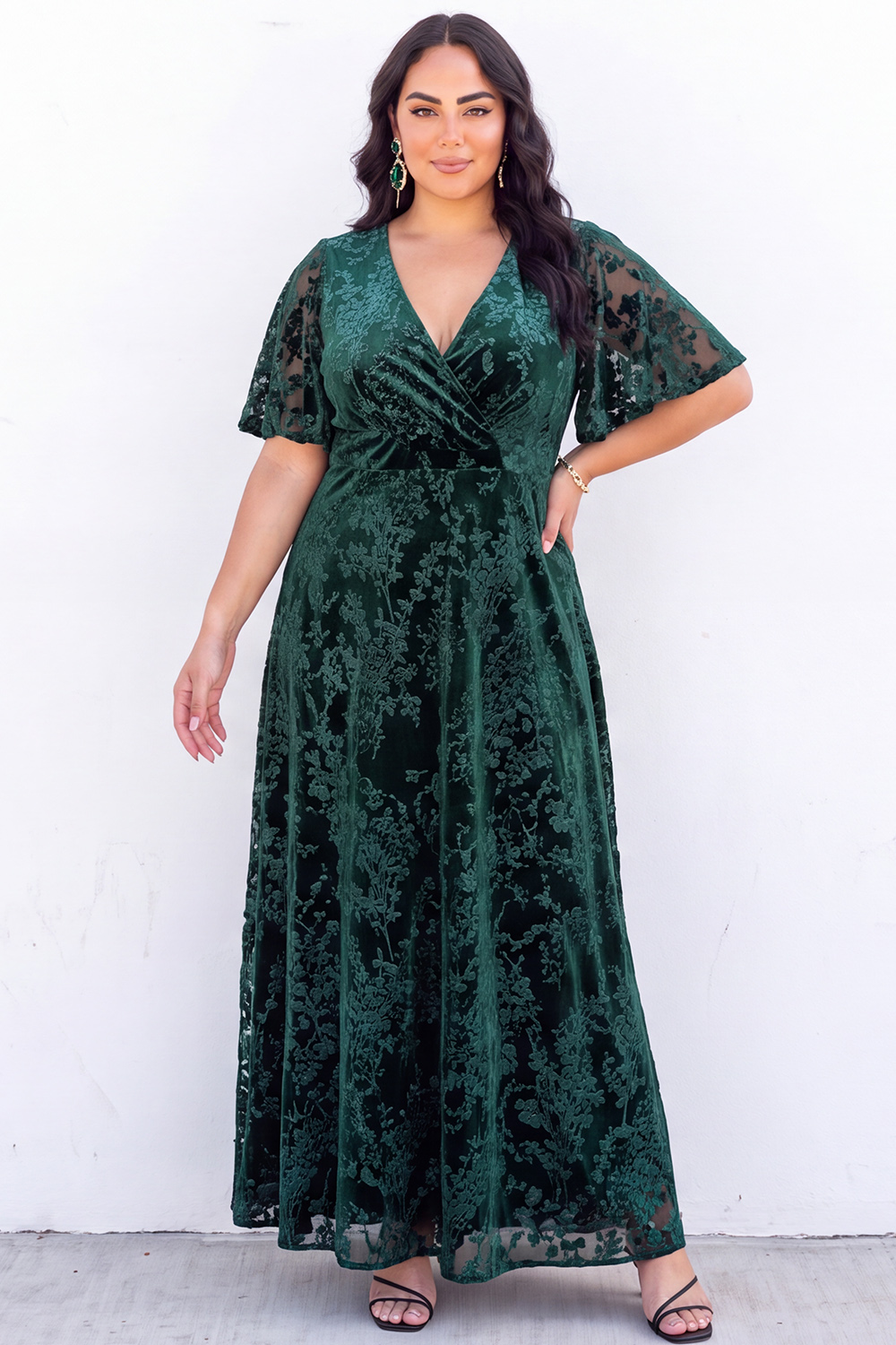 Blue Floral A Line V Neck Mother of the Bride Dress with Short Sleeves