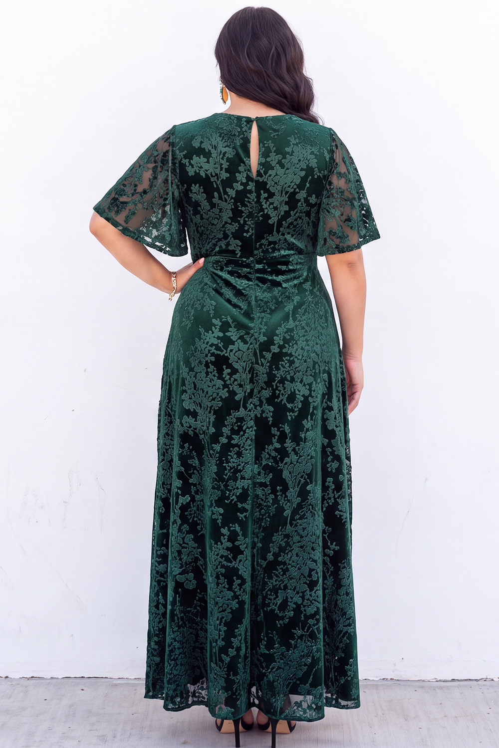 Blue Floral A Line V Neck Mother of the Bride Dress with Short Sleeves