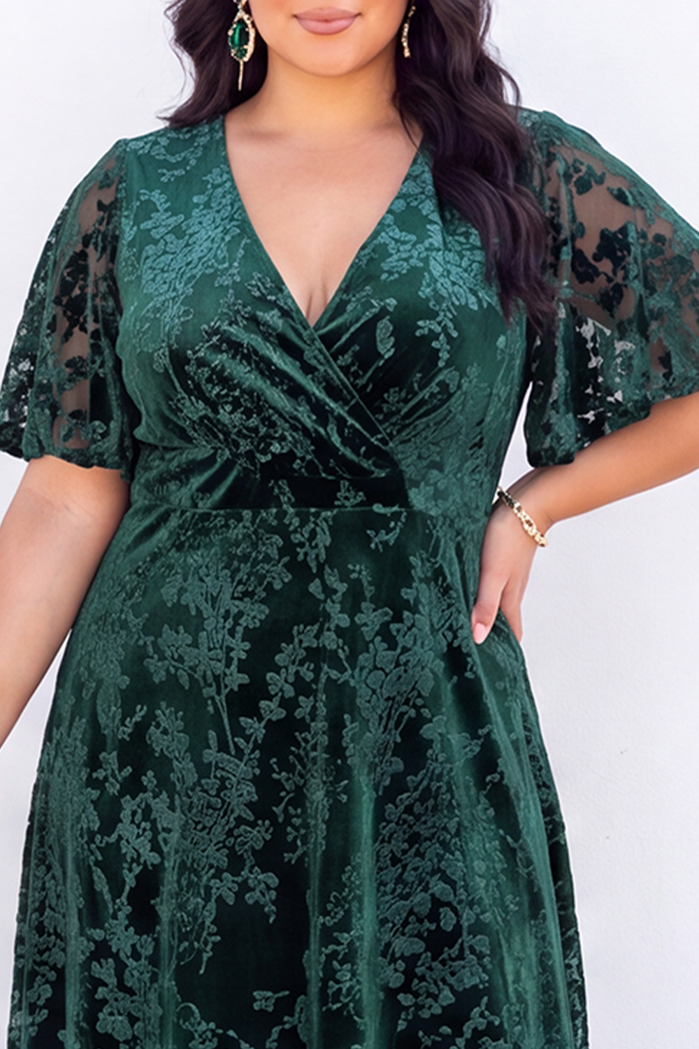 Blue Floral A Line V Neck Mother of the Bride Dress with Short Sleeves
