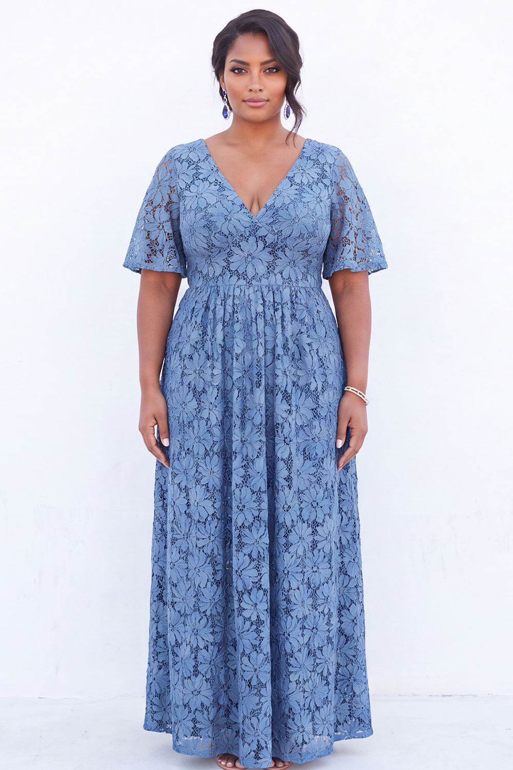 Dressself Women Blue Floral Mother of the Bride Dress Lace A Line V Neck Long Wedding Guest Dress with Short Sleeves