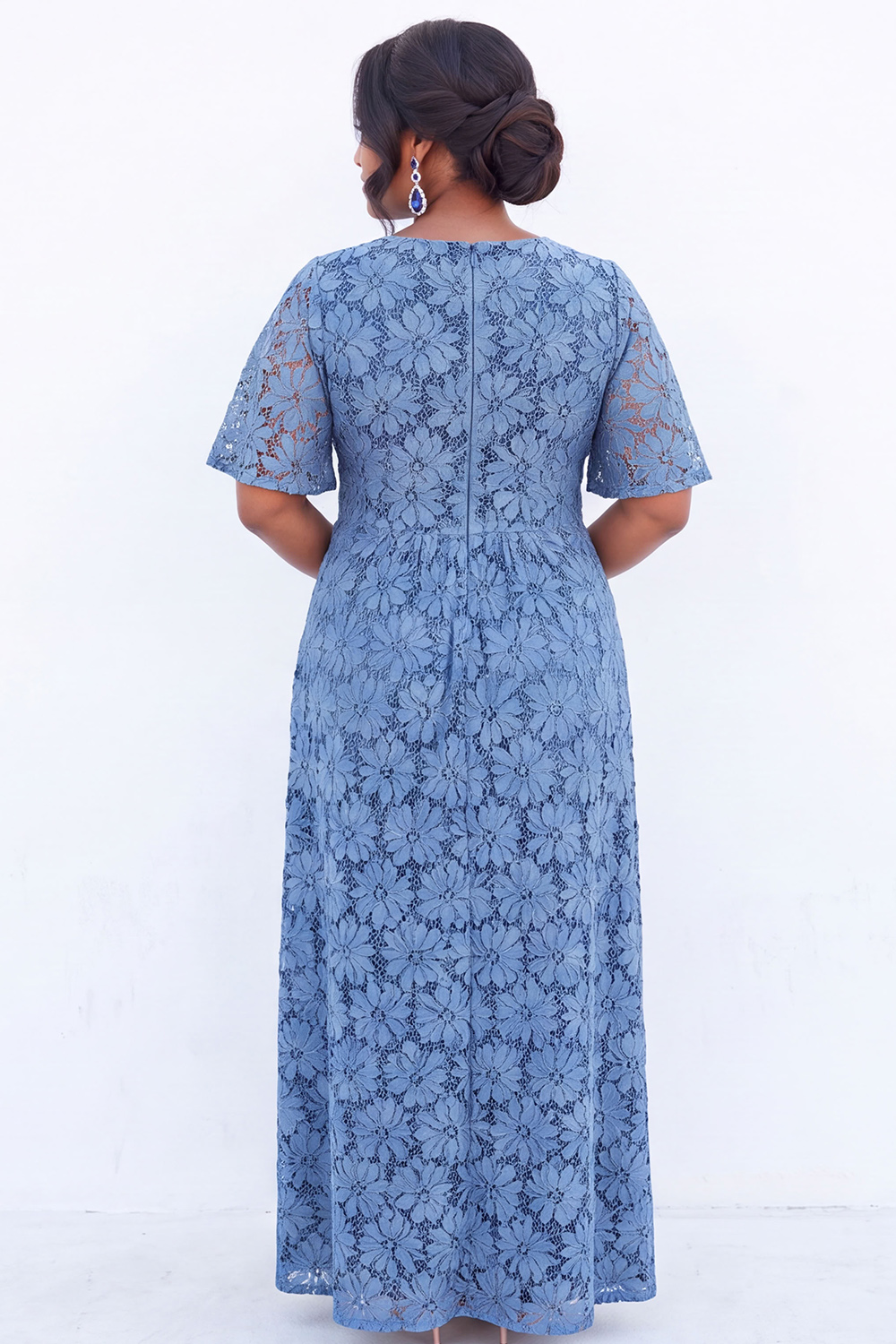 Blue Floral Lace A Line Mother of the Bride Dress