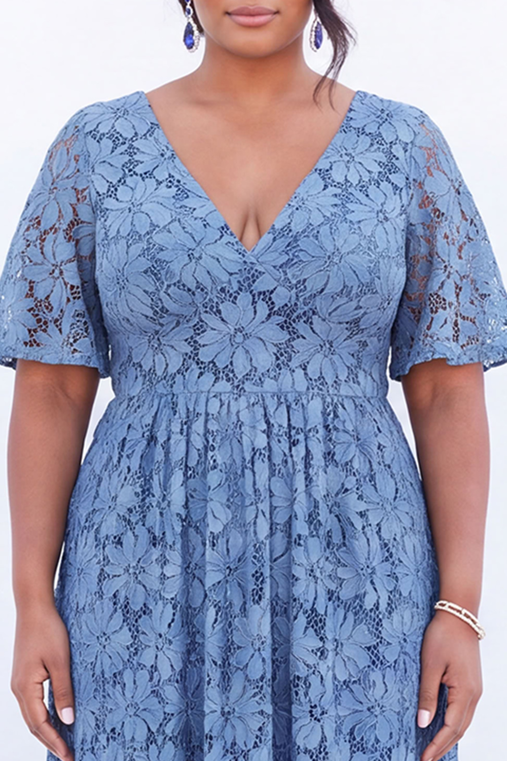 Blue Floral Lace A Line Mother of the Bride Dress