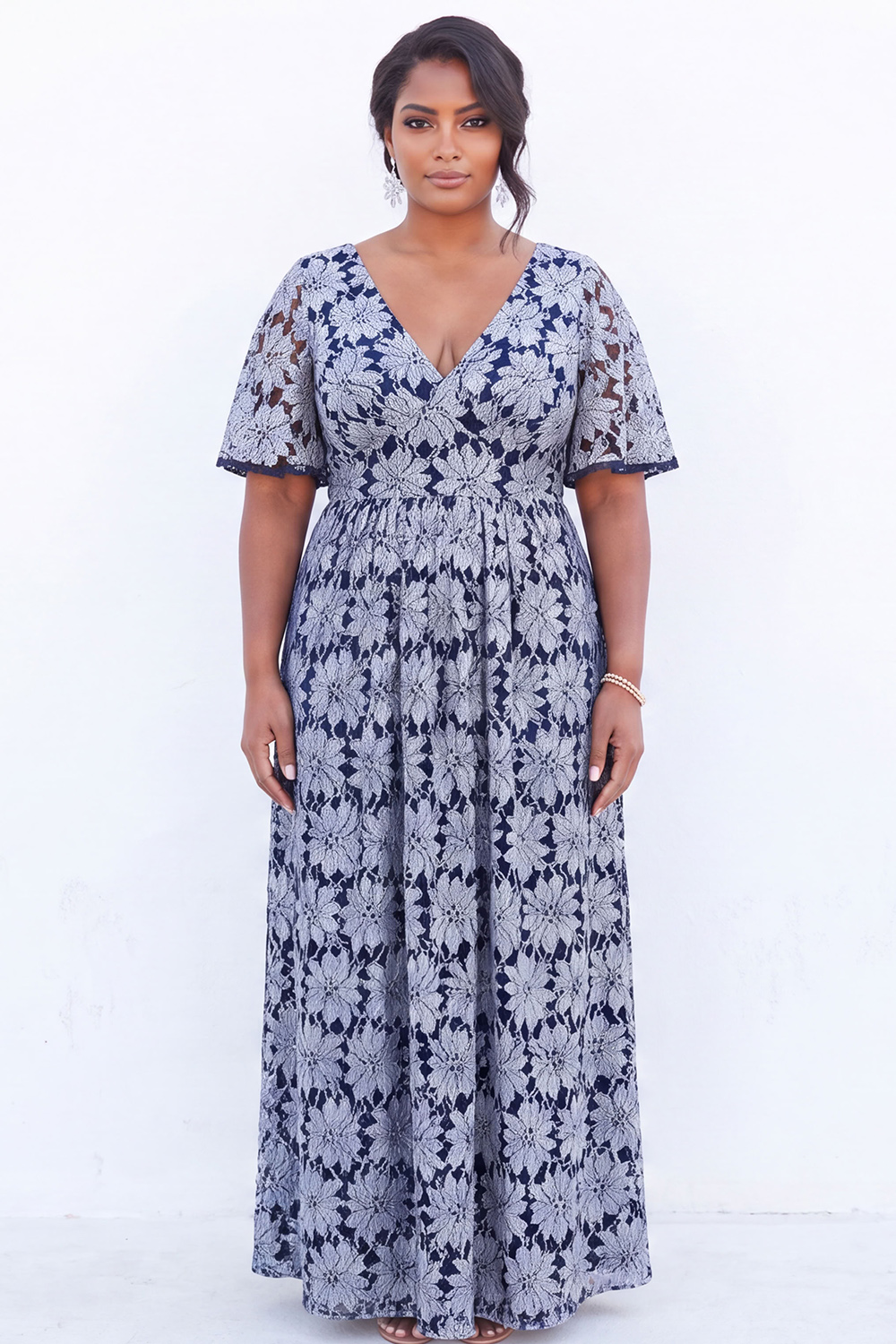 Blue Floral Lace A Line Mother of the Bride Dress