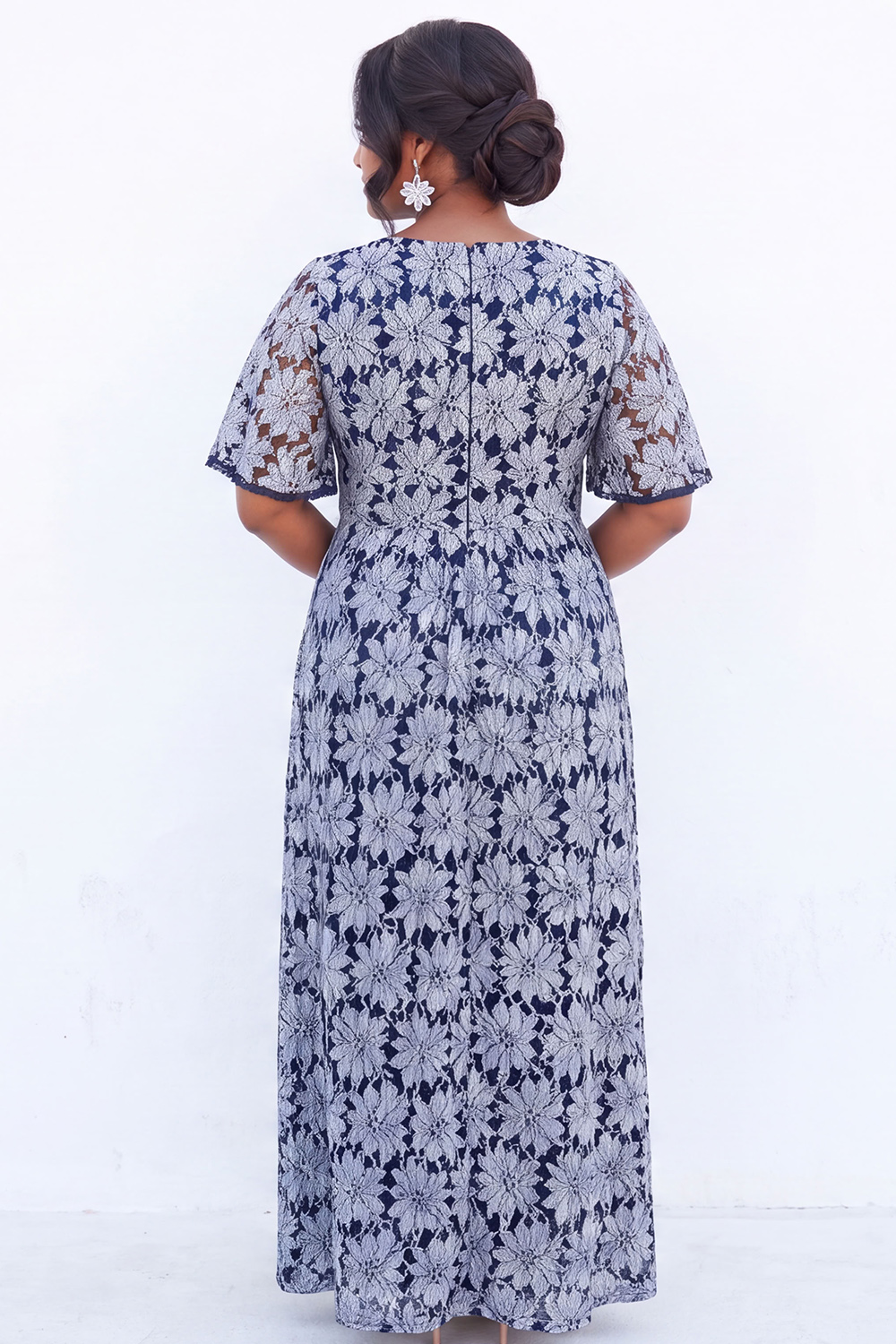 Blue Floral Lace A Line Mother of the Bride Dress