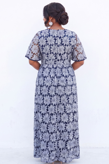 Blue Floral Lace A Line Mother of the Bride Dress