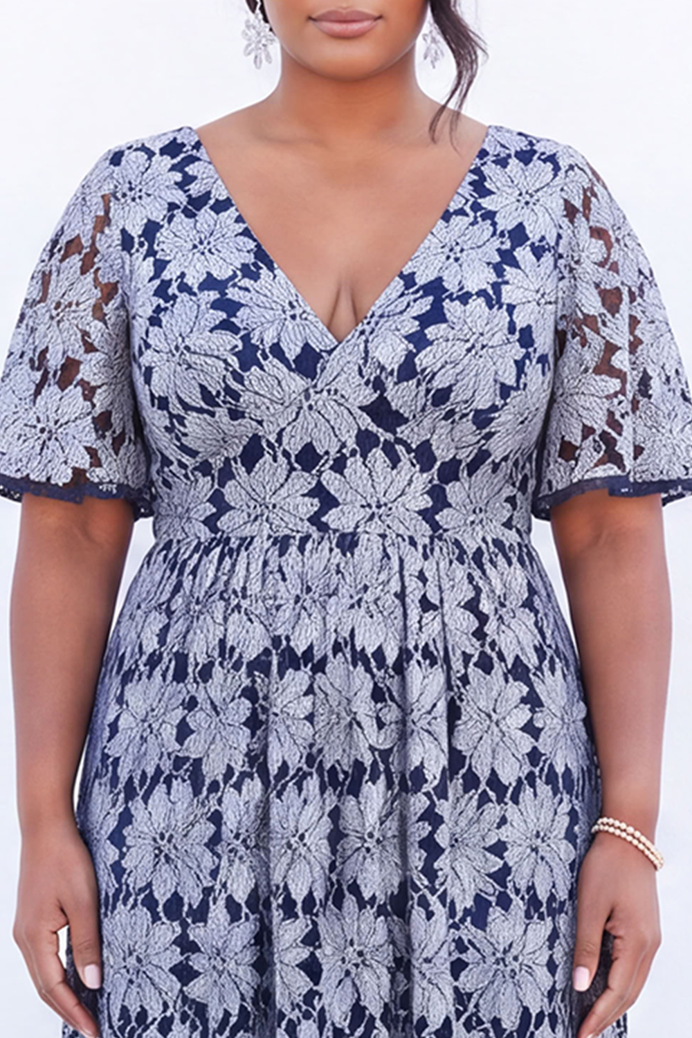 Blue Floral Lace A Line Mother of the Bride Dress