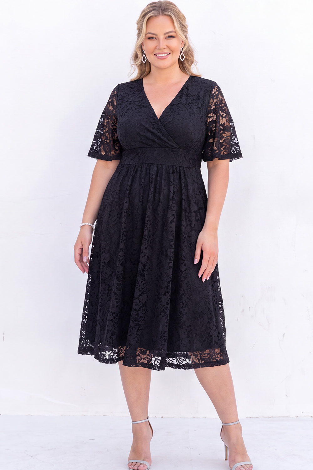 Plus Size Black Lace A Line V Neck Midi Dress