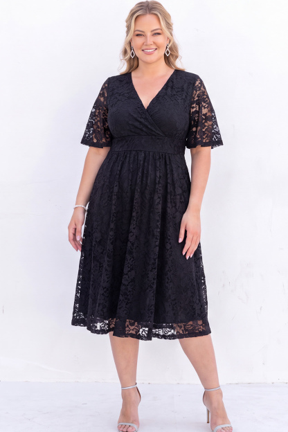 Plus Size Black Lace A Line V Neck Midi Dress