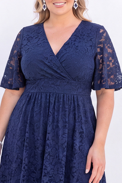 Plus Size Black Lace A Line V Neck Midi Dress