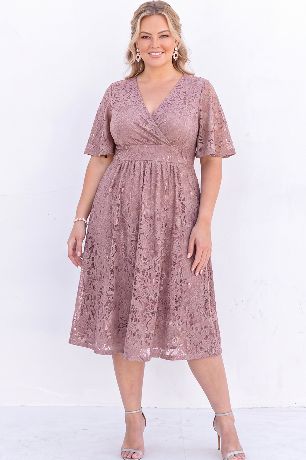 Plus Size Black Lace A Line V Neck Midi Dress