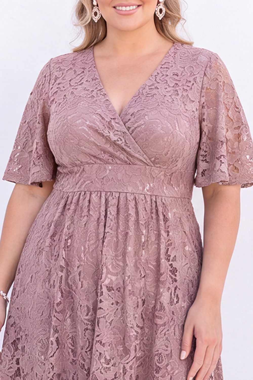 Plus Size Black Lace A Line V Neck Midi Dress