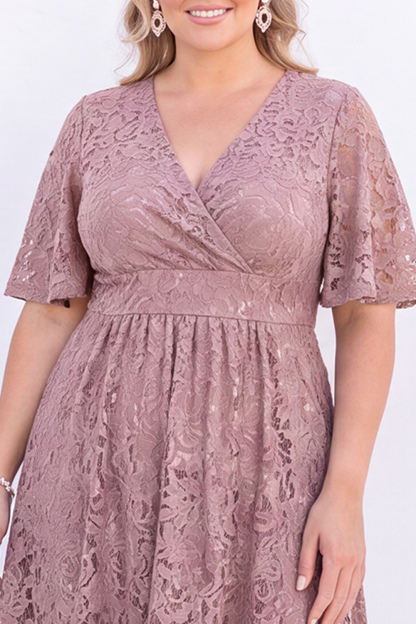 Plus Size Black Lace A Line V Neck Midi Dress
