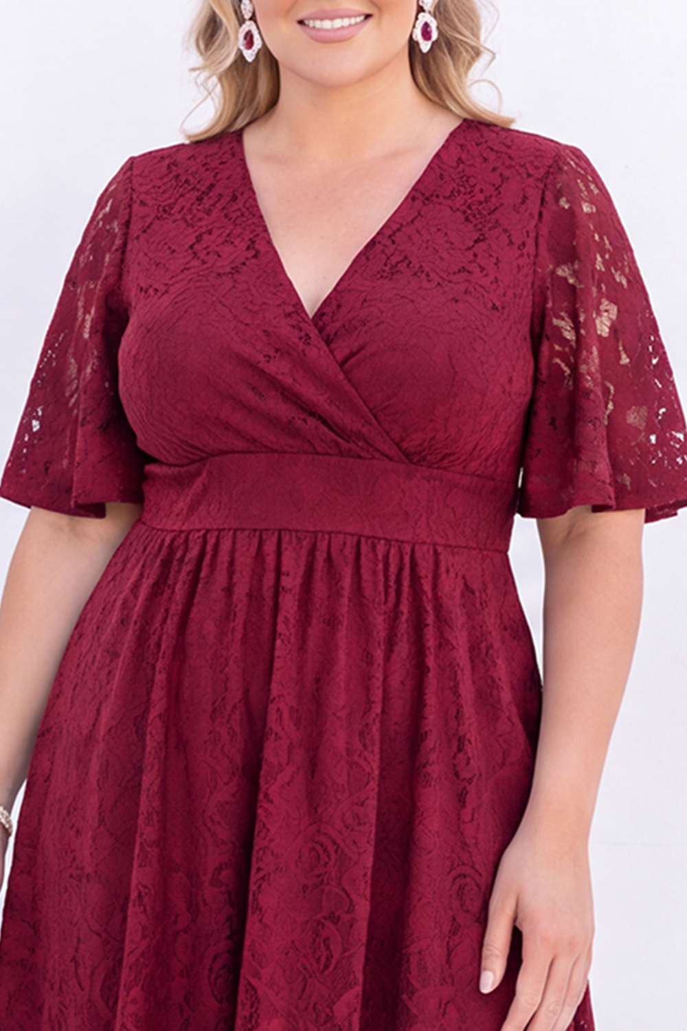 Plus Size Black Lace A Line V Neck Midi Dress