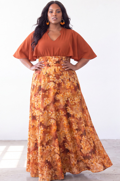 Dressself Women Plus Size Green Floral Mother of the Bride Dress A Line Long Wedding Guest Dress with Cape Sleeves