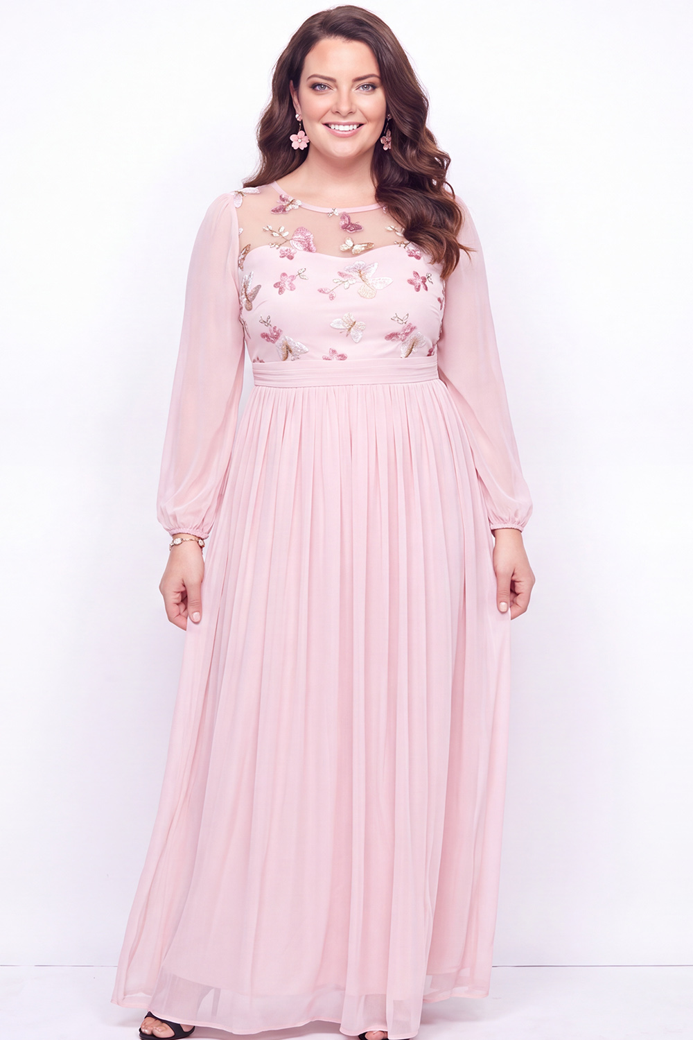 Dressself Women Plus Size Black A Line Mother of the Bride Dress Embroidered Floral Wedding Guest Dress with Long Sleeves