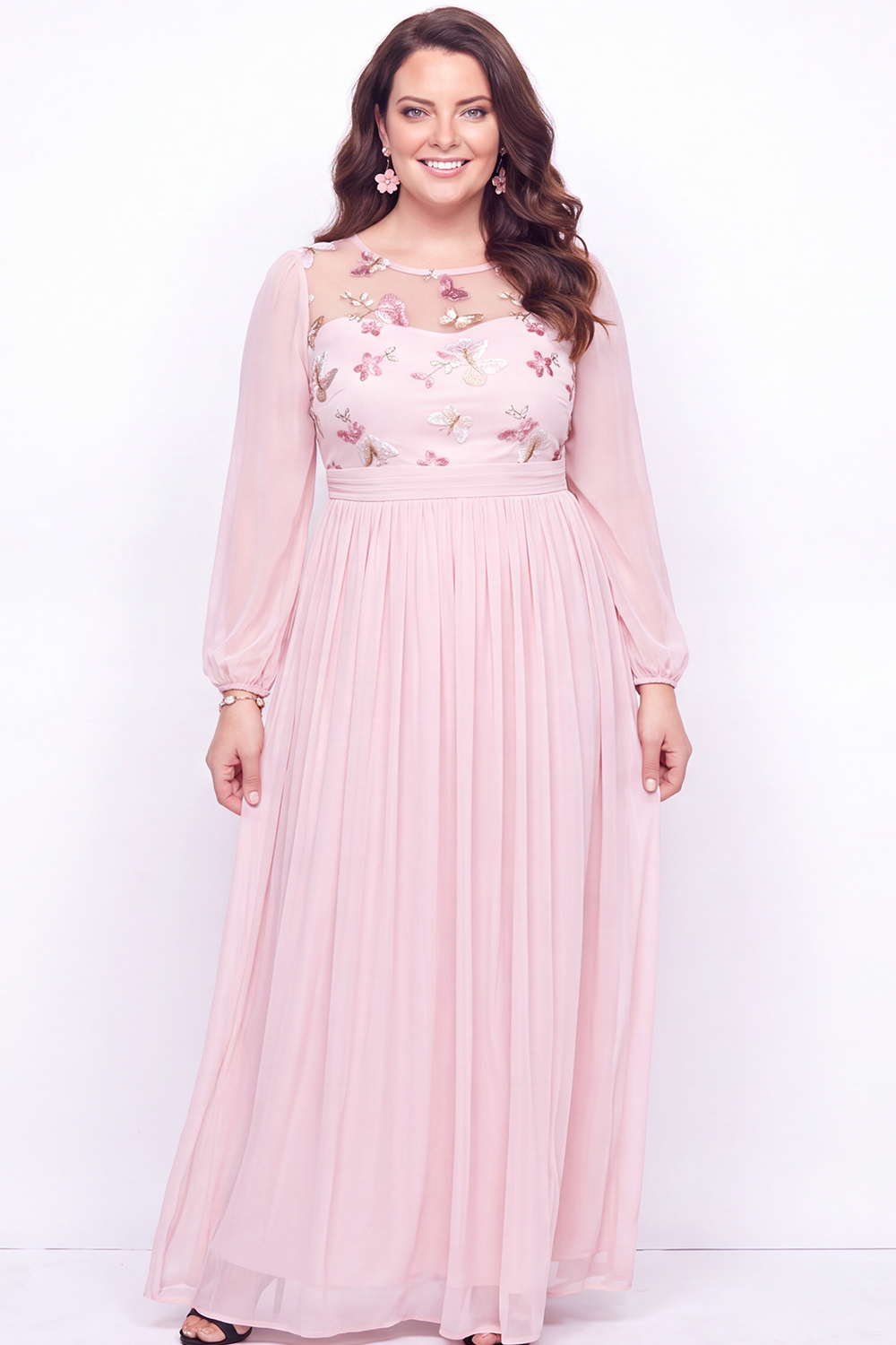 Dressself Women Plus Size Black A Line Mother of the Bride Dress Embroidered Floral Wedding Guest Dress with Long Sleeves