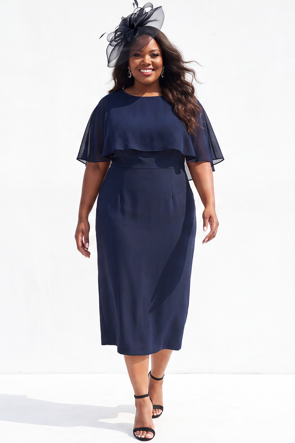 Dressself Women Navy Plus Size Mother of the Bride Dress Pencil Round Neck Midi Wedding Guest Dress with Cape Sleeves