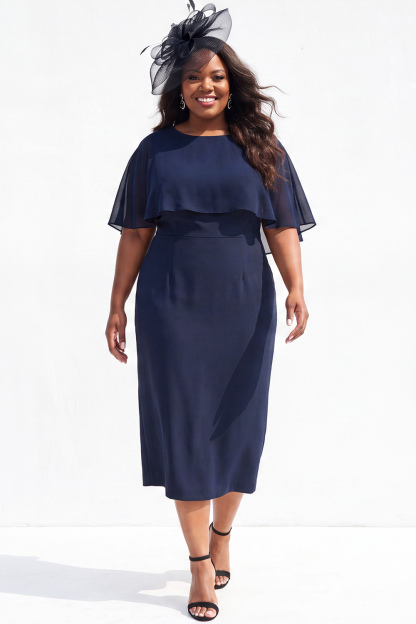 Dressself Women Navy Plus Size Mother of the Bride Dress Pencil Round Neck Midi Wedding Guest Dress with Cape Sleeves