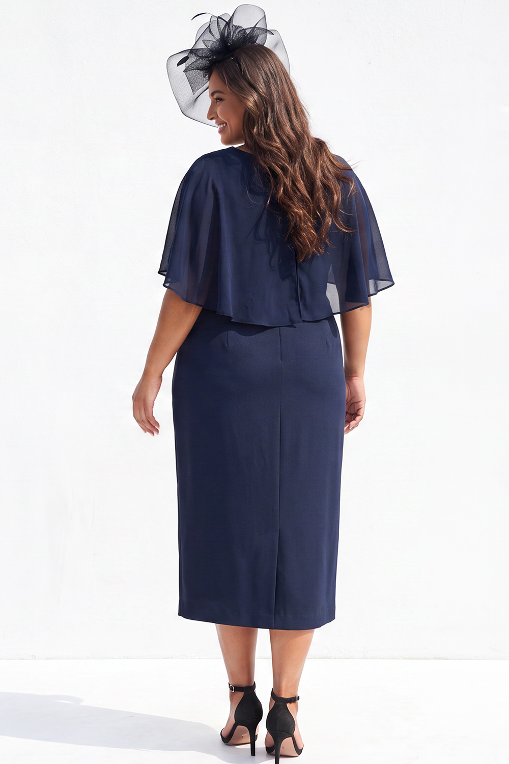 Navy Pencil Plus Size Mother of the Bride Dress with Cape Sleeves