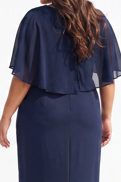 Navy Pencil Plus Size Mother of the Bride Dress with Cape Sleeves