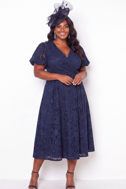 Dressself Women Plus Size Navy Mother of the Bride Dress A Line V Neck Lace Midi Wedding Guest Dress with Short Sleeves