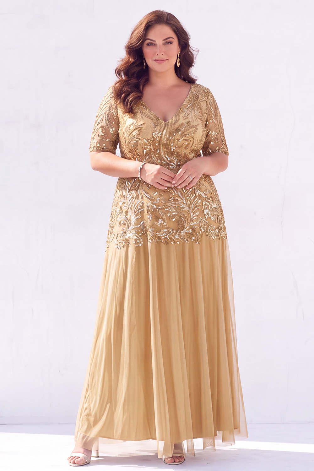 Dressself Women Golden Sequin Plus Size Mother of the Bride Dress A Line V Neck Maxi Wedding Guest Dress