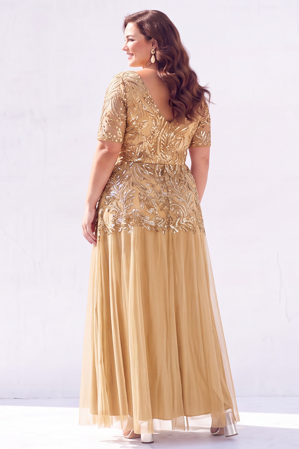 Golden Sequin A Line Maxi Plus Size Mother of the Bride Dress