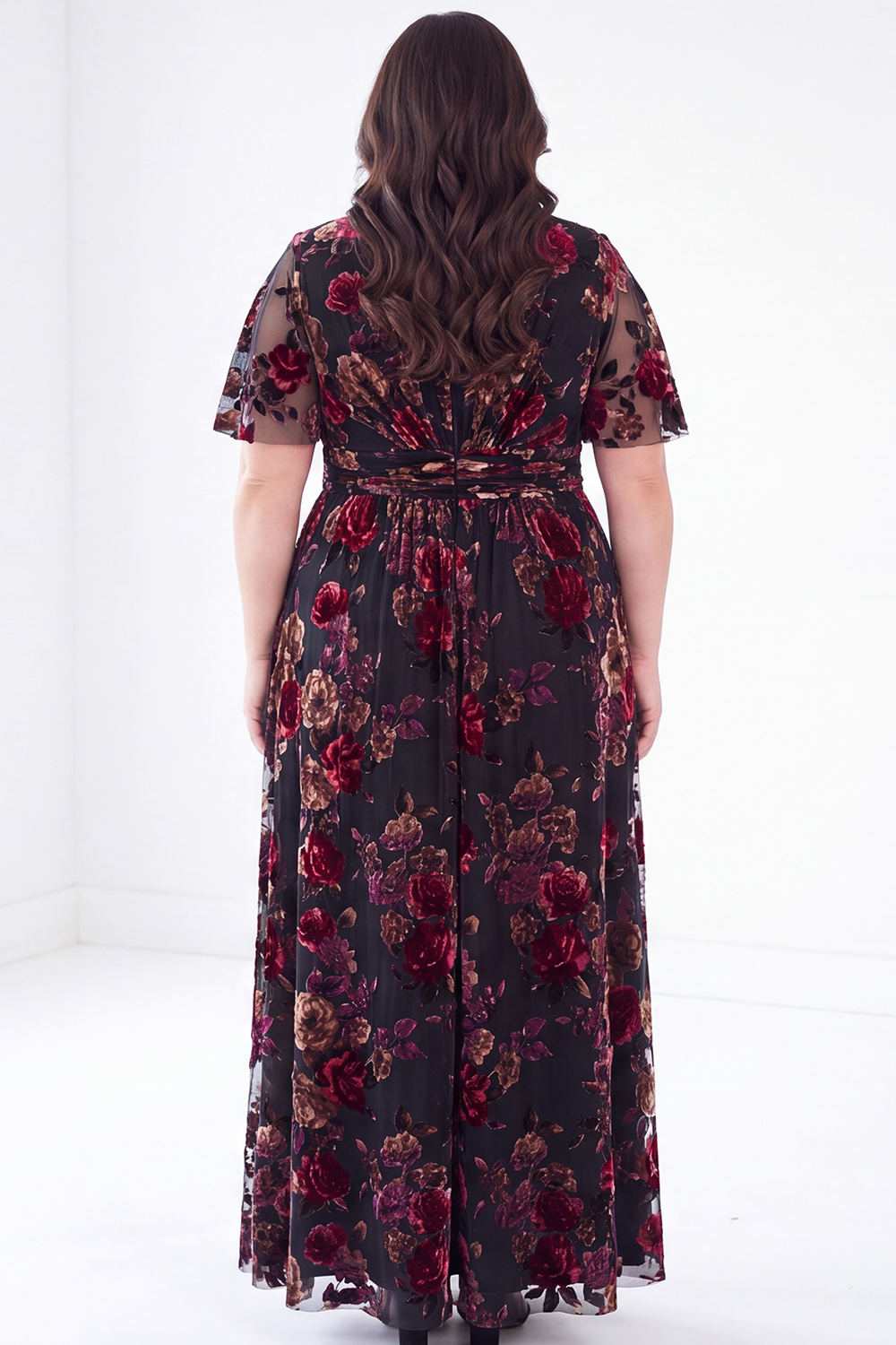 Plus Size Red Floral Velvet Maxi Mother of the Bride Dress