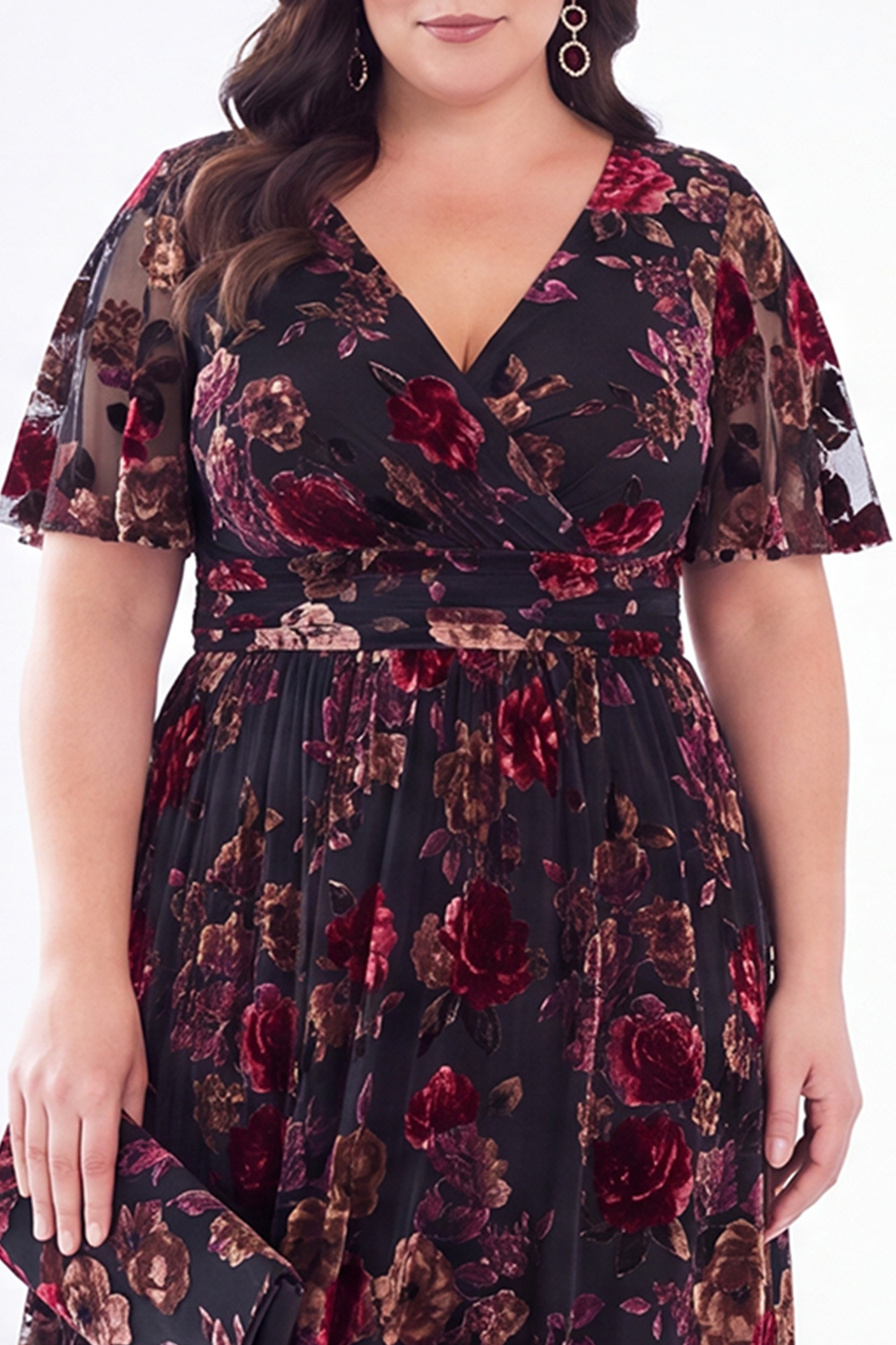 Plus Size Red Floral Velvet Maxi Mother of the Bride Dress
