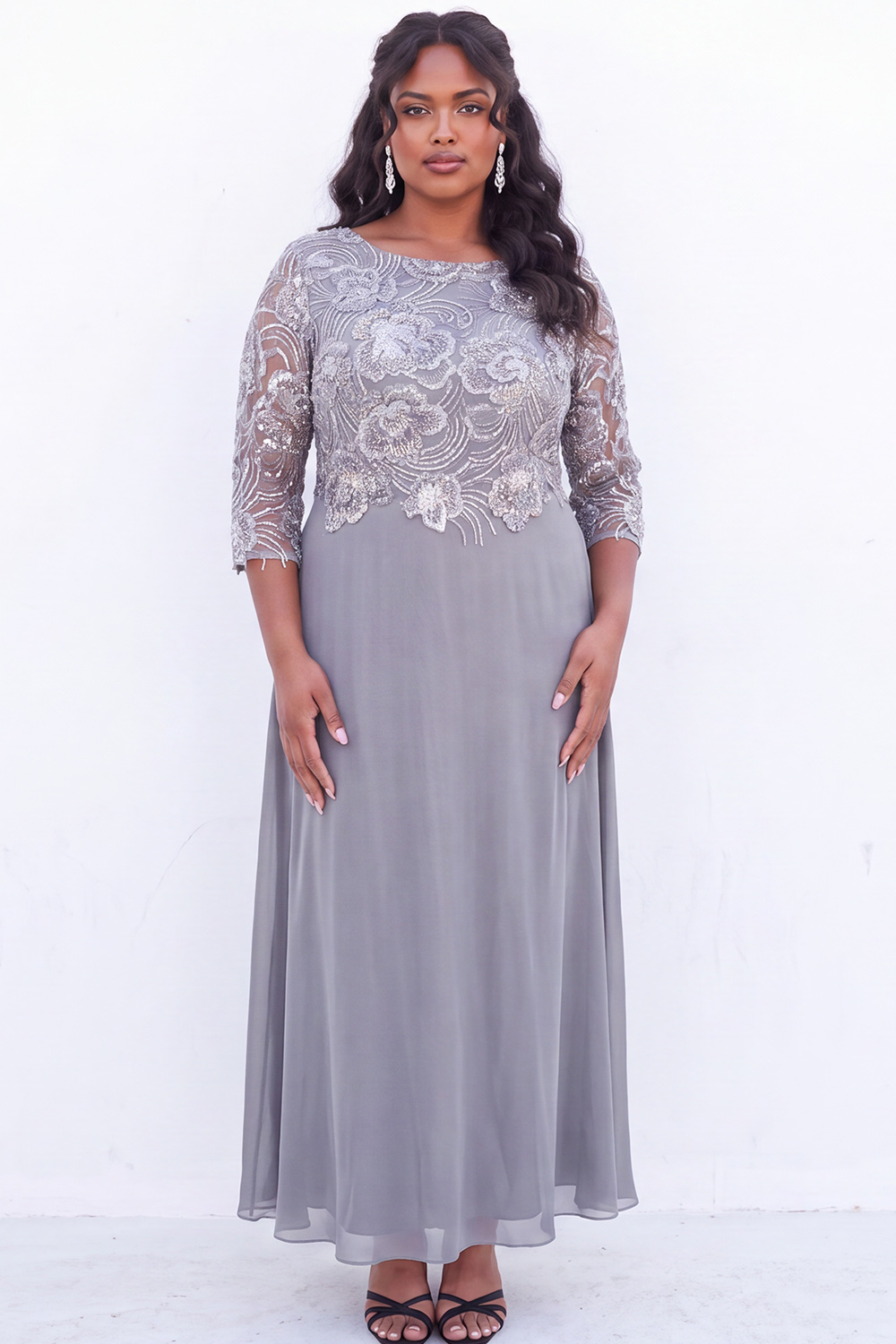 Black Sequin A Line Floral Plus Size Mother of the Bride Dress