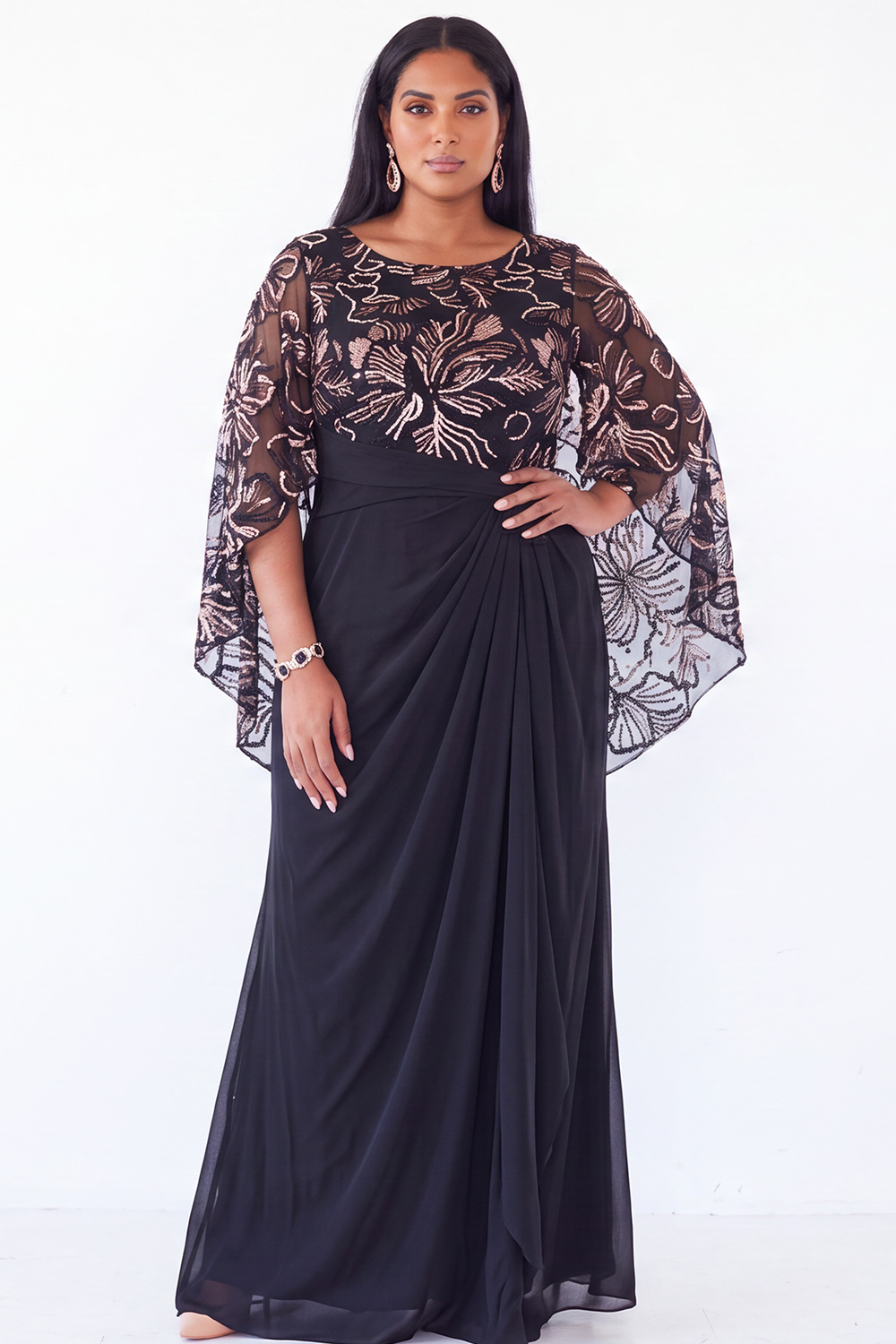 A Line Plus Size Black Sequin Maxi Mother of the Bride Dress