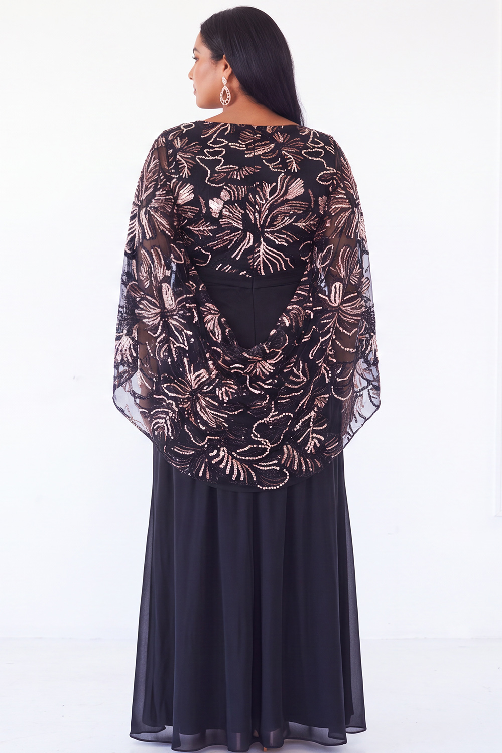A Line Plus Size Black Sequin Maxi Mother of the Bride Dress