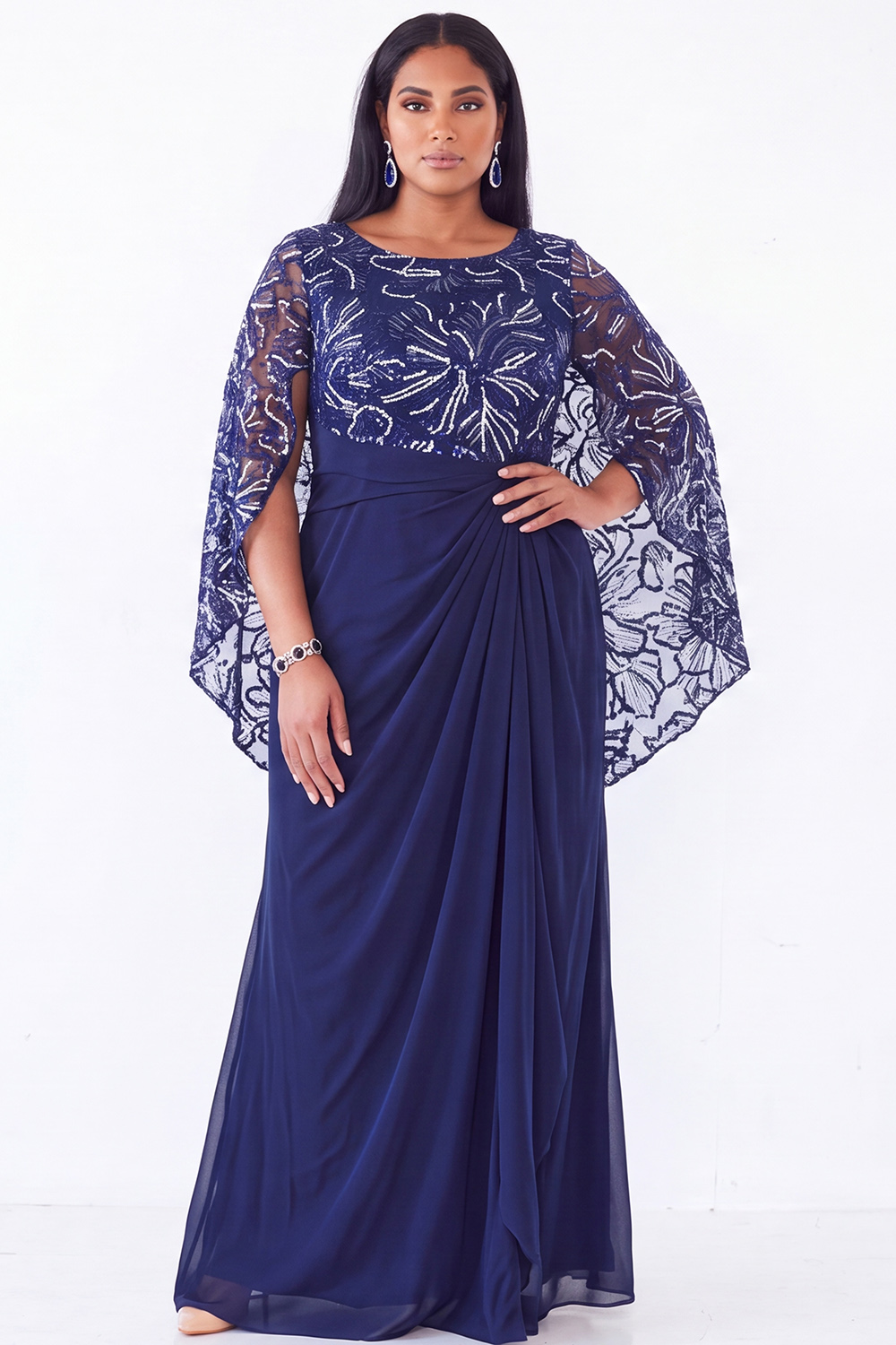 Dressself Women A Line Plus Size Black Mother of the Bride Dress Sequin Round Neck Long Wedding Guest Dress with Cape Sleeves