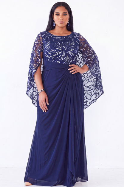 Dressself Women A Line Plus Size Black Mother of the Bride Dress Sequin Round Neck Long Wedding Guest Dress with Cape Sleeves