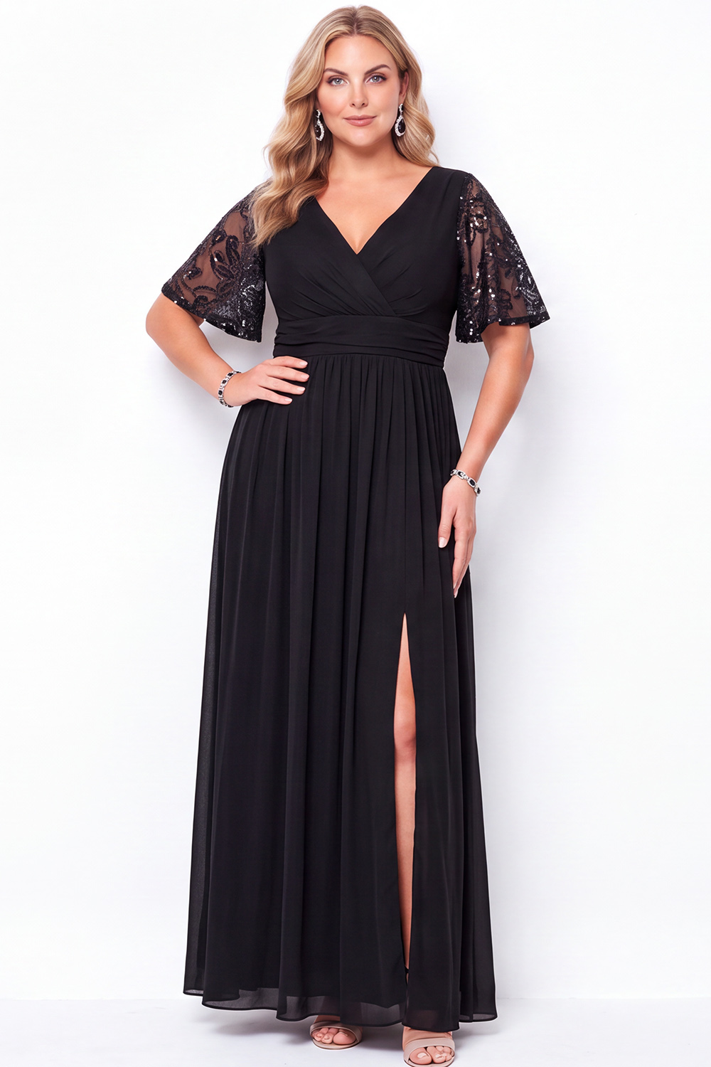 Plus Size A Line Black Sequin Mother of the Bride Dress