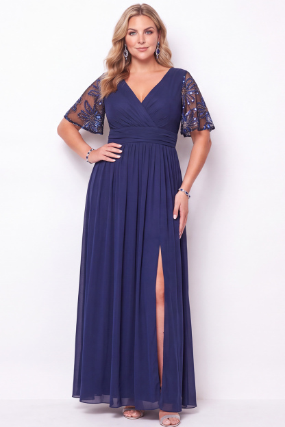 Dressself Women Plus Size Black A Line Mother of the Bride Dress with Slit Sequin V Neck Long Wedding Guest Dress with Short Sleeves