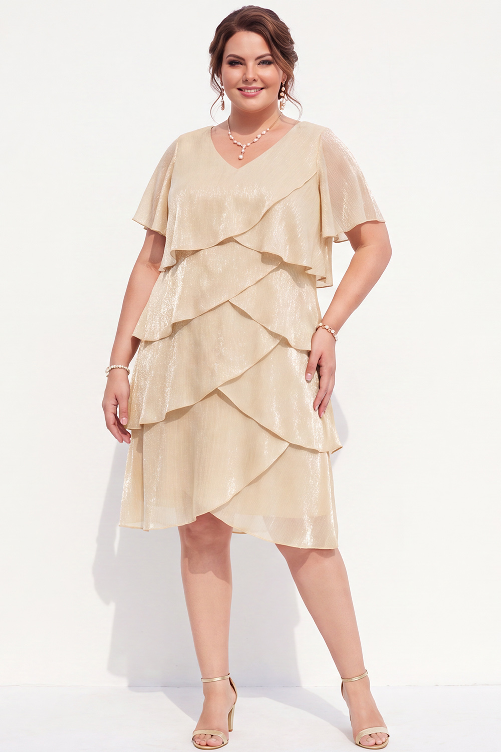 Champagne Gold Tiered V Neck Plus Size Midi Dress