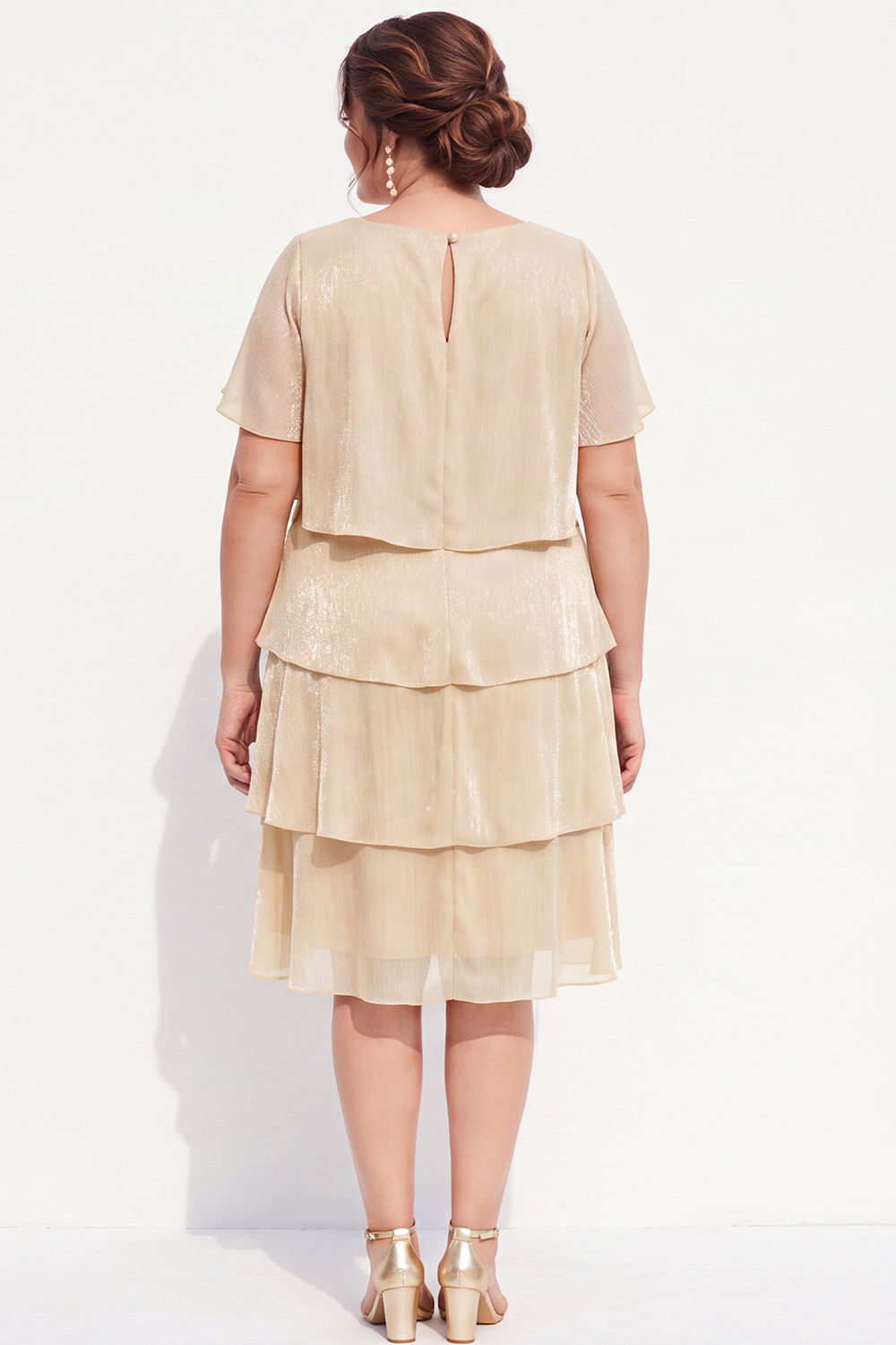 Champagne Gold Tiered V Neck Plus Size Midi Dress