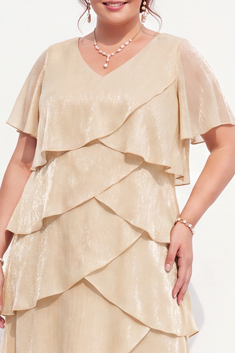 Champagne Gold Tiered V Neck Plus Size Midi Dress
