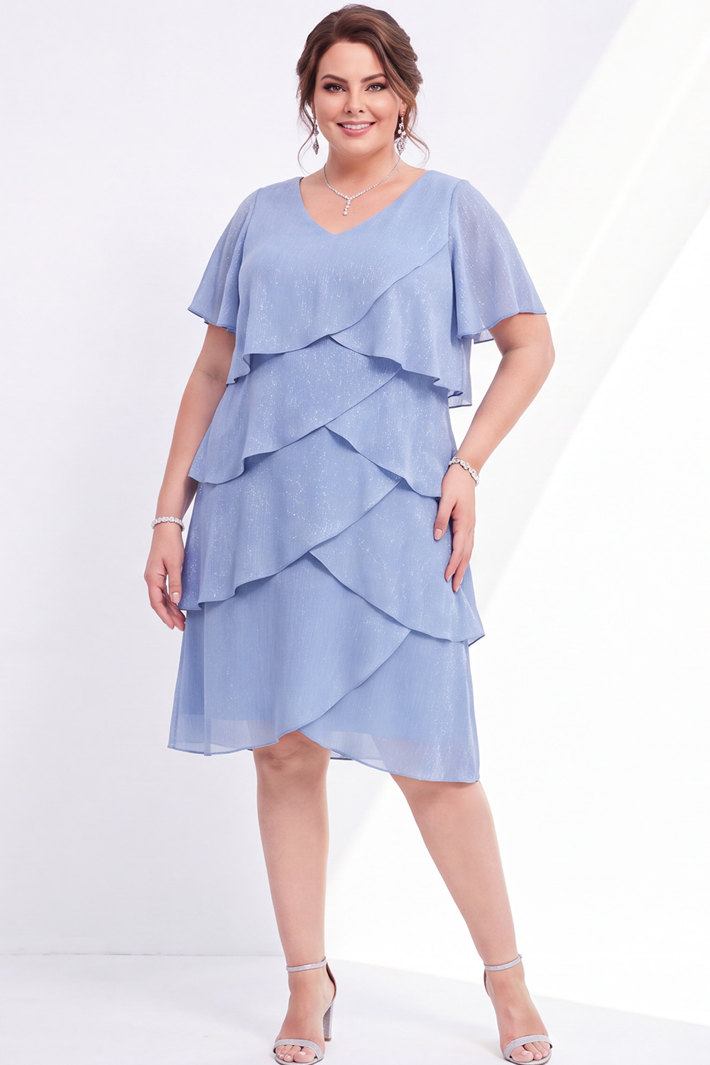 Champagne Gold Tiered V Neck Plus Size Midi Dress
