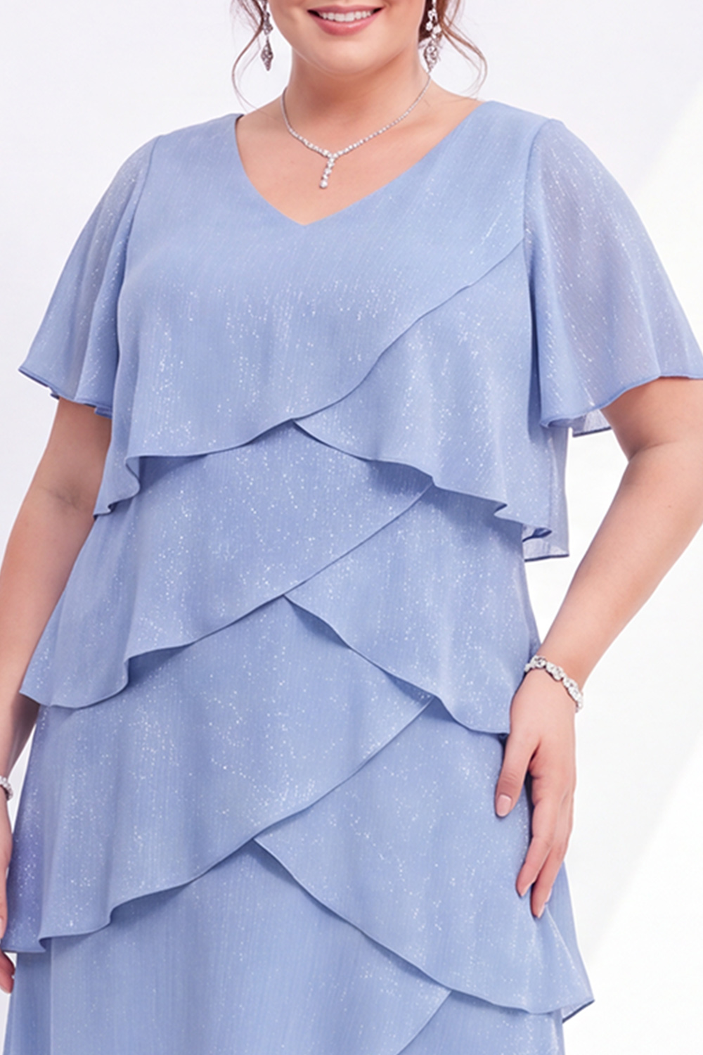Champagne Gold Tiered V Neck Plus Size Midi Dress