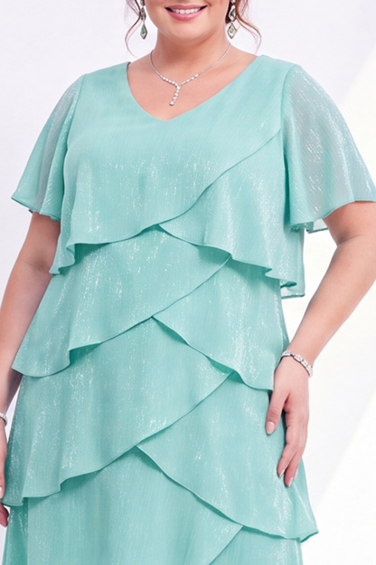 Champagne Gold Tiered V Neck Plus Size Midi Dress
