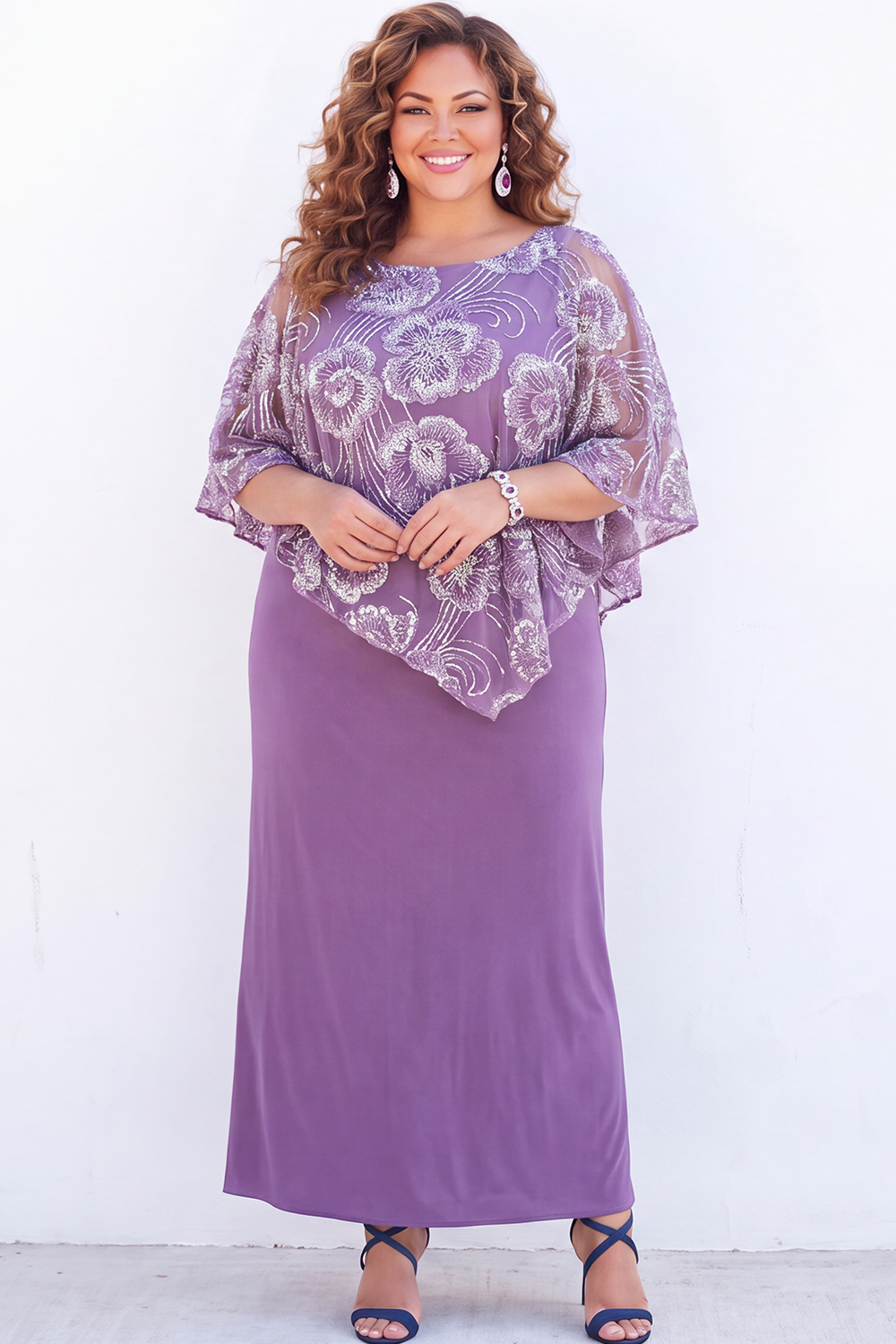 Dressself Women Purple Sequin Plus Size Mother of the Bride Dress Mermaid Floral Long Wedding Guest Dress with Cape