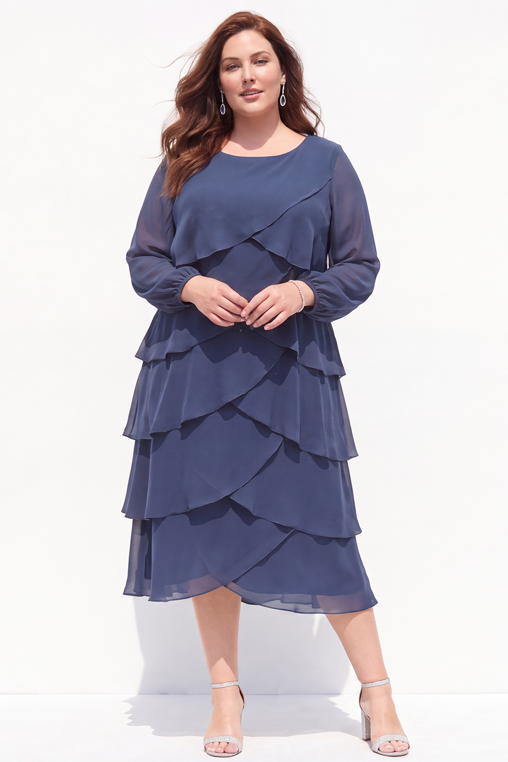 Plus Size Navy Tiered Long Sleeve Mother of the Bride Dress