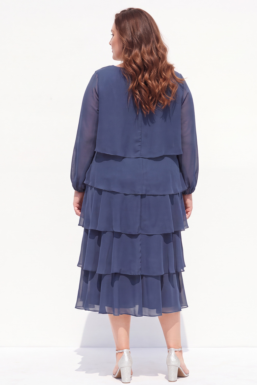 Plus Size Navy Tiered Long Sleeve Mother of the Bride Dress