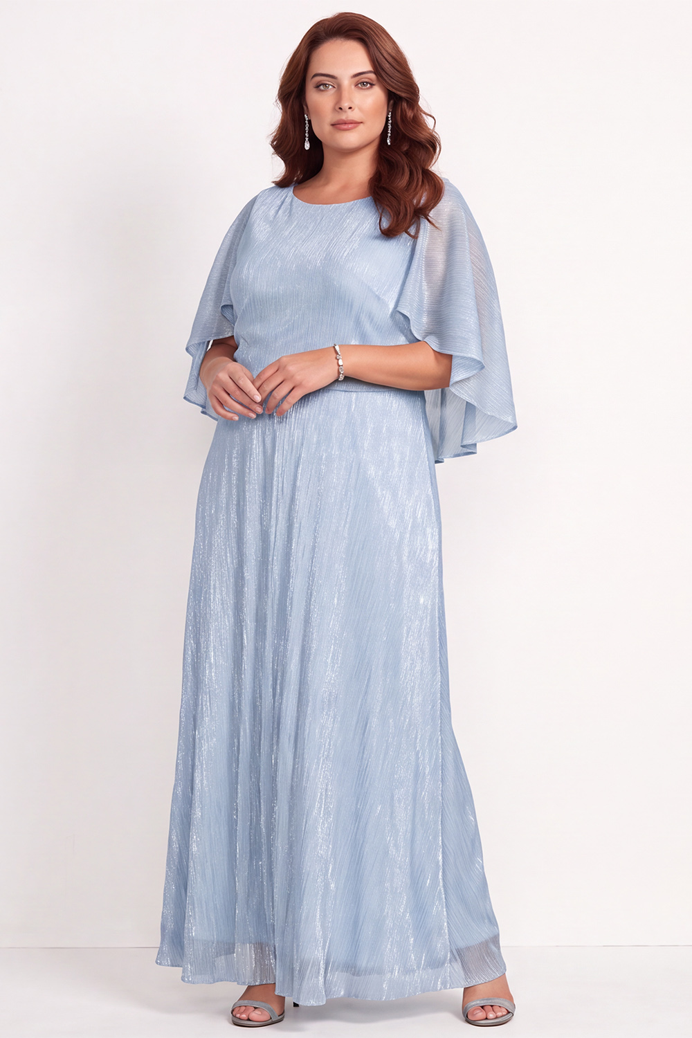Dressself Women Black Maxi Mother of the Bride Dress Plus Size A-Line Round Neck Cape Sleeves Wedding Guest Dress