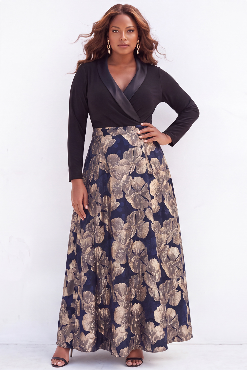 Champagne Gold Plus Size A-Line Printed Long Mother of the Bride Dress