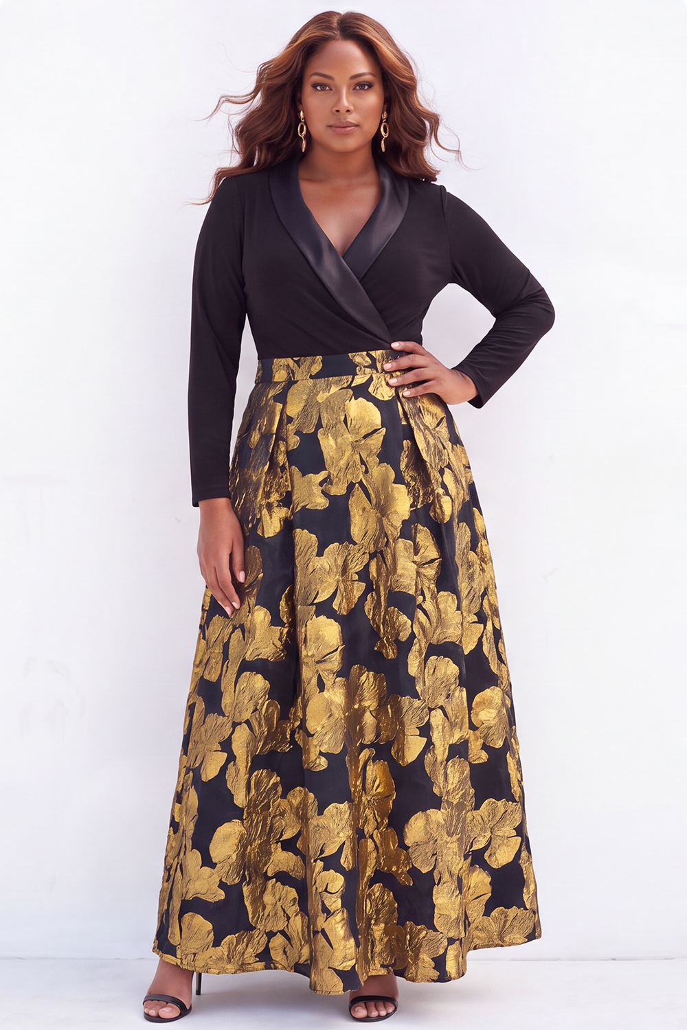 Gold Plus Size A Line Jacquard Long Sleeve Mother of the Bride Dress