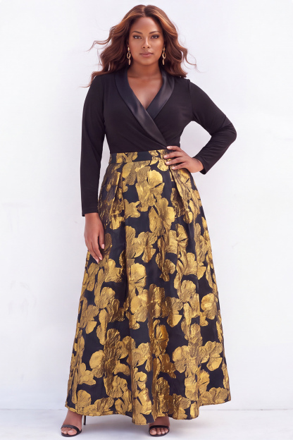 Dressself Women Gold Plus Size Mother of the Bride Dress A Line Jacquard Long Sleeve Wedding Guest Dress