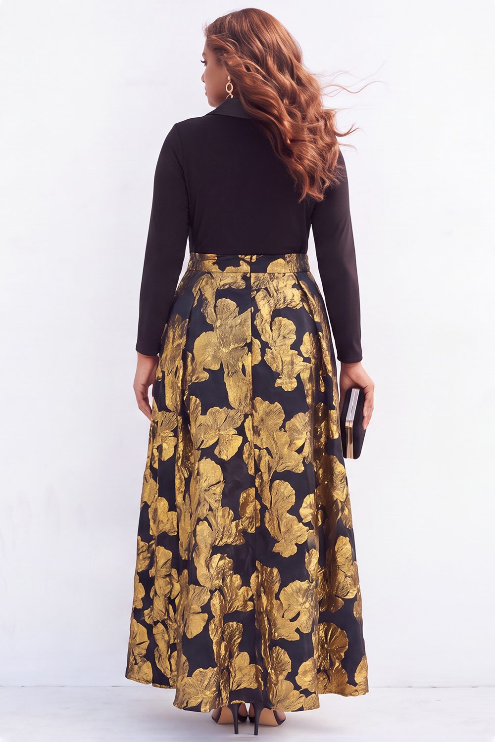 Gold Plus Size A Line Jacquard Long Sleeve Mother of the Bride Dress